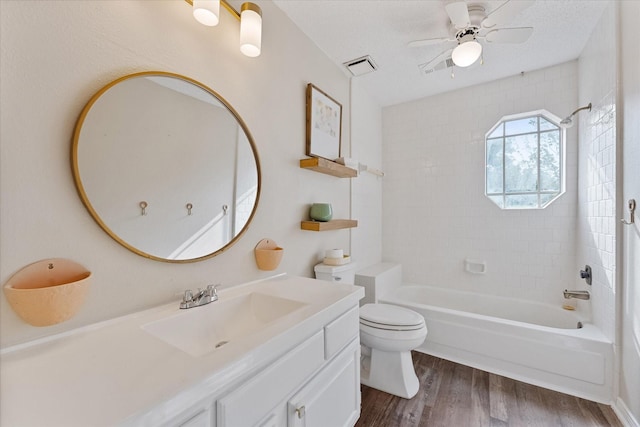 8411 Lylewood Ct, Houston, TX 77040 - bathroom featuring vanity, wood finished floors, shower / tub combination, and ceiling fan