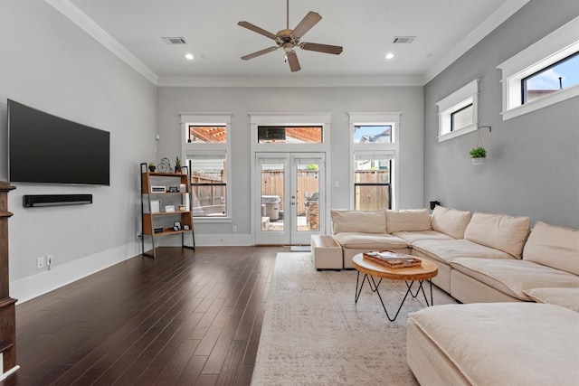 5825 Petty St, Houston, TX 77007 - living area with ceiling fan, hardwood / wood-style flooring, ornamental molding, and recessed lighting