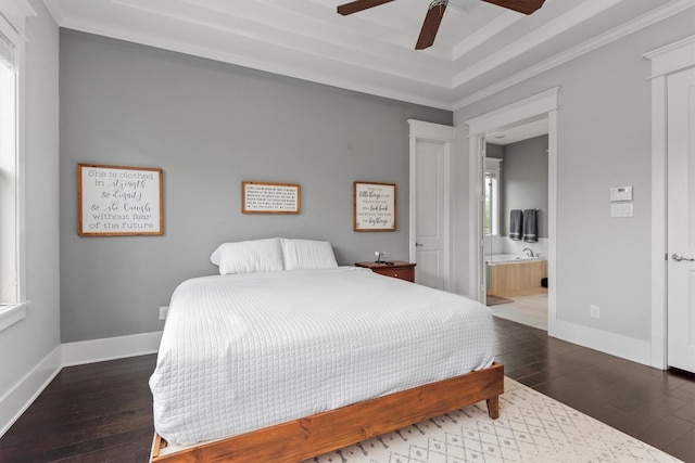 5825 Petty St, Houston, TX 77007 - bedroom with hardwood / wood-style flooring, ornamental molding, ensuite bath, and ceiling fan