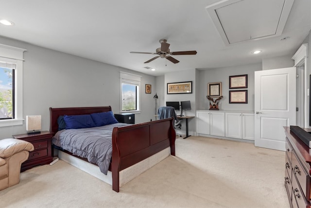 5825 Petty St, Houston, TX 77007 - bedroom featuring attic access, light carpet, recessed lighting, and a ceiling fan