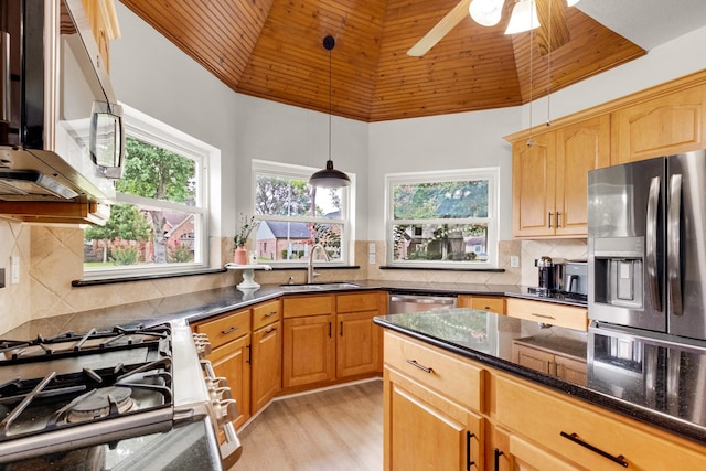 10603 Wagon Trail Rd, Houston, TX 77064 - kitchen featuring appliances with stainless steel finishes, wood ceiling, plenty of natural light, decorative backsplash, and high vaulted ceiling