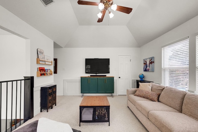 10603 Wagon Trail Rd, Houston, TX 77064 - living area featuring light carpet, a ceiling fan, and lofted ceiling