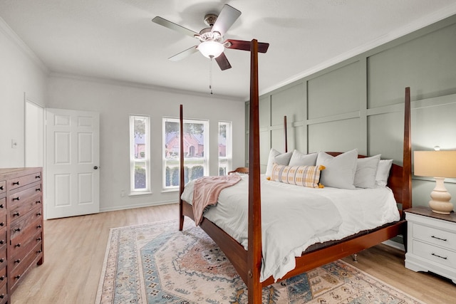 10603 Wagon Trail Rd, Houston, TX 77064 - bedroom featuring ornamental molding, light wood finished floors, and a ceiling fan