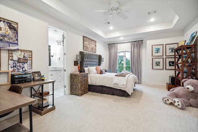 3835 Merrick St, Houston, TX 77025 - bedroom with a raised ceiling, light carpet, recessed lighting, ensuite bath, and ceiling fan