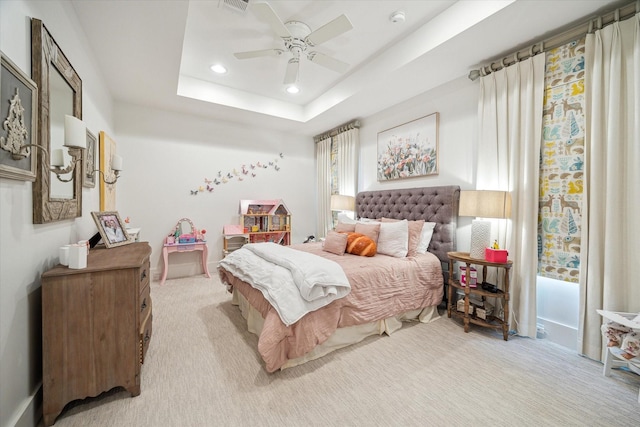 3835 Merrick St, Houston, TX 77025 - bedroom featuring light colored carpet, recessed lighting, a ceiling fan, and a raised ceiling