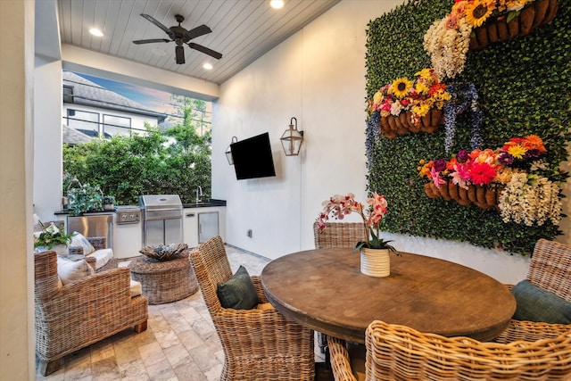 3835 Merrick St, Houston, TX 77025 - view of patio featuring exterior kitchen, a ceiling fan, outdoor lounge area, and outdoor dining area