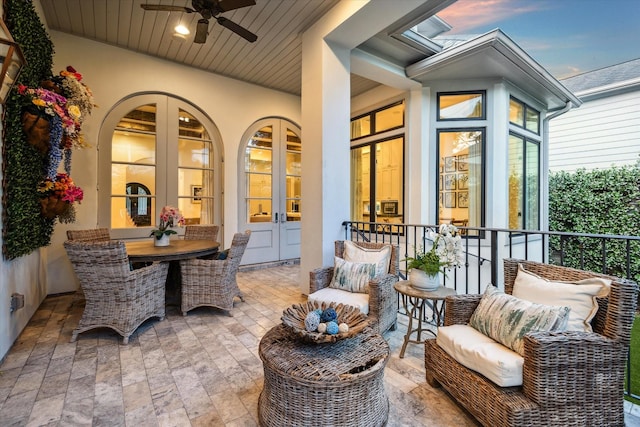 3835 Merrick St, Houston, TX 77025 - view of patio / terrace with french doors, ceiling fan, and outdoor dining space