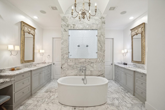 3835 Merrick St, Houston, TX 77025 - full bathroom featuring ornamental molding, a chandelier, marble finish flooring, a soaking tub, and two vanities
