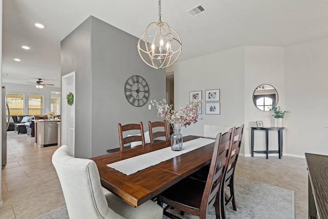 18015 Van Berkel Ln, Houston, TX 77044 - dining space featuring a chandelier, recessed lighting, ceiling fan, and light tile patterned flooring