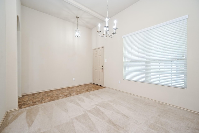 20603 Flintoff Ln, Katy, TX 77449 - unfurnished room featuring lofted ceiling, a chandelier, and carpet flooring