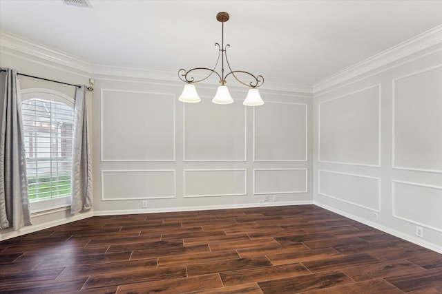 7938 S Wellington Ct, Houston, TX 77055 - spare room with a decorative wall, plenty of natural light, ornamental molding, dark wood-type flooring, and a chandelier