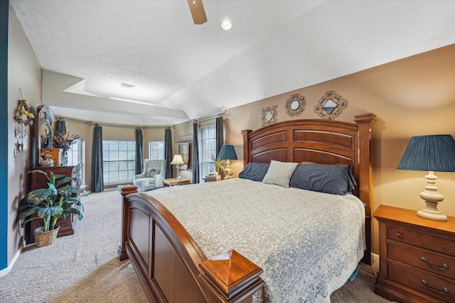 7938 S Wellington Ct, Houston, TX 77055 - bedroom with light carpet, a ceiling fan, lofted ceiling, and a textured ceiling