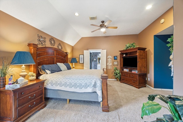 7938 S Wellington Ct, Houston, TX 77055 - bedroom featuring light carpet, a ceiling fan, vaulted ceiling, and recessed lighting