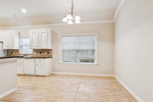 3418 Nottingham Ln, Montgomery, TX 77356 - kitchen with dishwasher, a chandelier, backsplash, dark countertops, and white cabinets