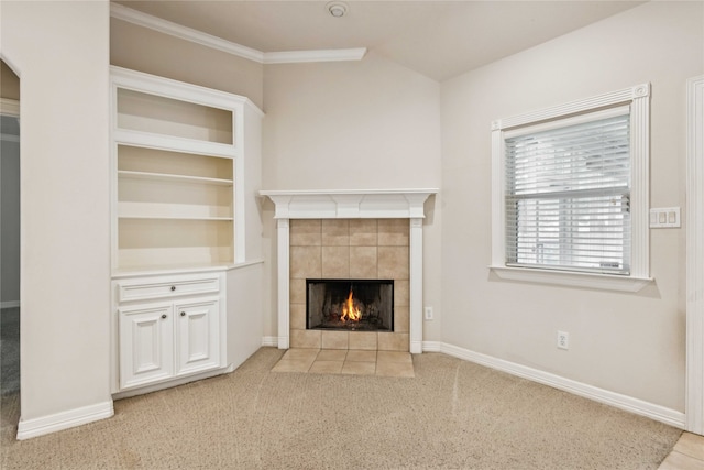 3418 Nottingham Ln, Montgomery, TX 77356 - unfurnished living room featuring a tiled fireplace and light colored carpet