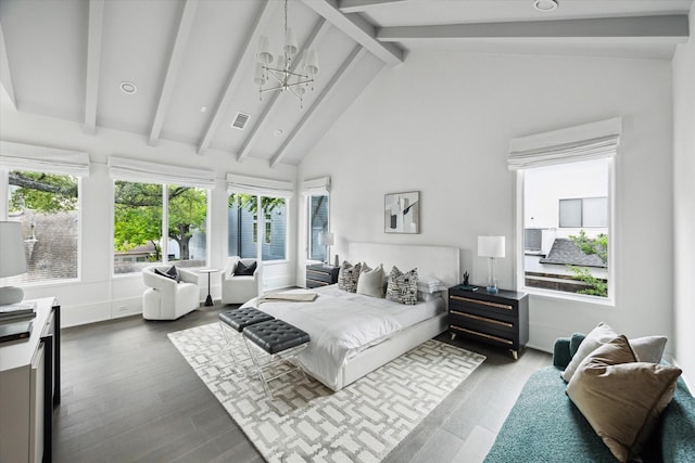 1220 Bomar St, Houston, TX 77006 - bedroom featuring a chandelier, beamed ceiling, multiple windows, high vaulted ceiling, and wood finished floors