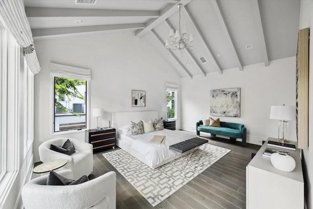 1220 Bomar St, Houston, TX 77006 - bedroom featuring a chandelier, beam ceiling, wood finished floors, and high vaulted ceiling
