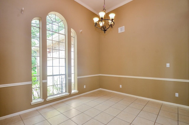 4415 Crimson Ct, Sugar Land, TX 77479 - empty room with healthy amount of natural light, a chandelier, crown molding, and light tile patterned floors