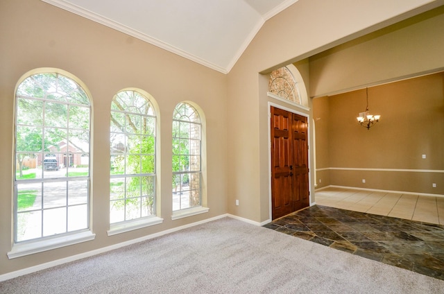 4415 Crimson Ct, Sugar Land, TX 77479 - foyer with plenty of natural light, crown molding, a chandelier, lofted ceiling, and carpet flooring