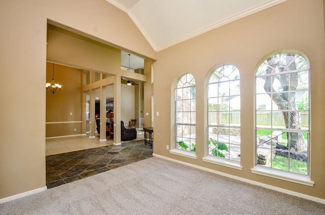 4415 Crimson Ct, Sugar Land, TX 77479 - unfurnished living room with ornamental molding, carpet, a chandelier, lofted ceiling, and ceiling fan
