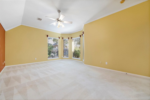 3318 Misty Alcove Ct, Kingwood, TX 77345 - unfurnished room featuring vaulted ceiling, ceiling fan, crown molding, and light colored carpet