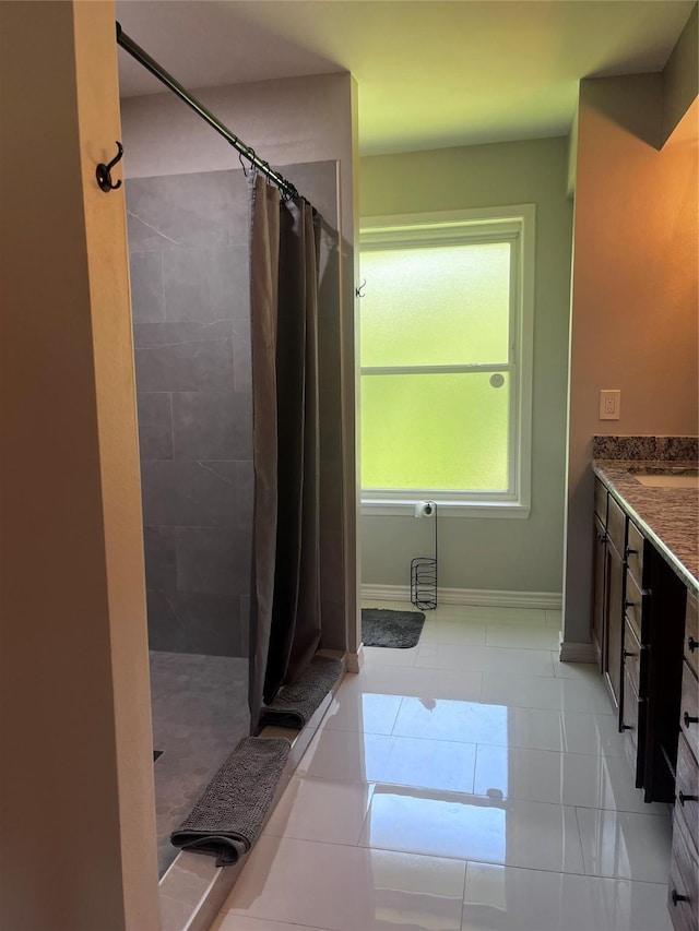 230 W Lake Dr, Livingston, TX 77351 - bathroom with a shower stall, vanity, and tile patterned flooring