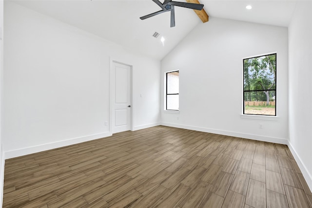 200 Rd 6615, Dayton, TX 77535 - spare room with beam ceiling, a ceiling fan, wood finished floors, high vaulted ceiling, and recessed lighting