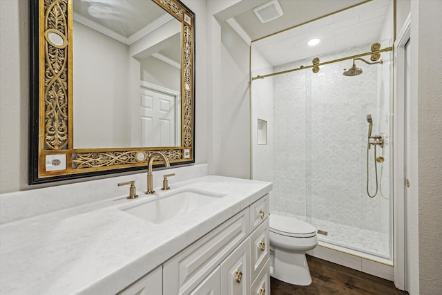 974 Memorial Village Dr Unit 53, Houston, TX 77024 - full bath featuring crown molding, wood finished floors, a shower stall, vanity, and recessed lighting