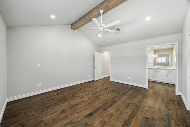 974 Memorial Village Dr Unit 53, Houston, TX 77024 - unfurnished bedroom with dark wood-style floors, connected bathroom, a ceiling fan, and recessed lighting