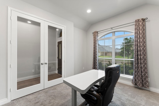 19838 Blue Roan Dr, Tomball, TX 77377 - office area featuring french doors, vaulted ceiling, carpet floors, and recessed lighting