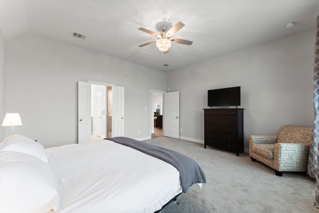 19838 Blue Roan Dr, Tomball, TX 77377 - bedroom with light colored carpet, ceiling fan, vaulted ceiling, and ensuite bathroom