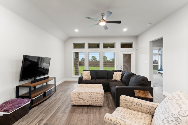 19838 Blue Roan Dr, Tomball, TX 77377 - living area featuring healthy amount of natural light, ceiling fan, wood finished floors, and recessed lighting