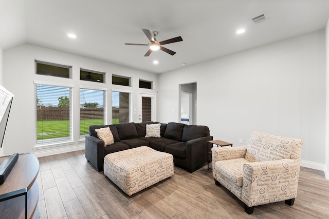 19838 Blue Roan Dr, Tomball, TX 77377 - living area featuring a ceiling fan, wood finished floors, and recessed lighting