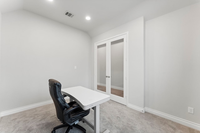 19838 Blue Roan Dr, Tomball, TX 77377 - home office featuring french doors, light colored carpet, recessed lighting, and lofted ceiling
