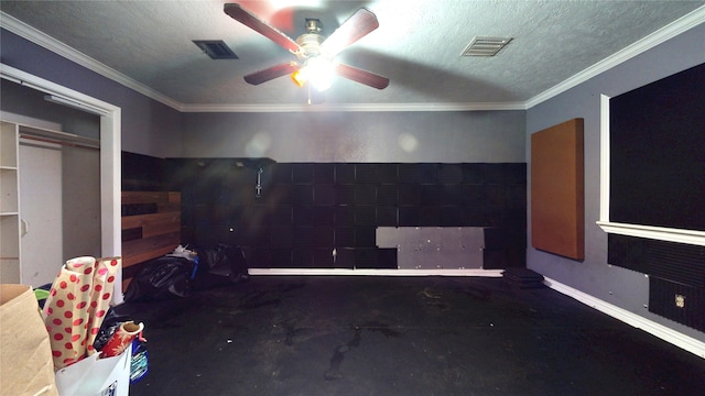 907 Axilda St, Houston, TX 77017 - unfurnished bedroom featuring ornamental molding, a ceiling fan, and a textured ceiling