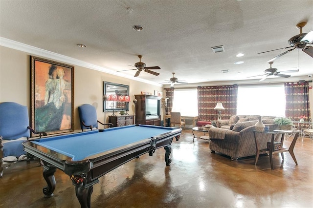 1711 Old Spanish Trl Unit 310, Houston, TX 77054 - rec room featuring ornamental molding, pool table, a ceiling fan, concrete flooring, and a textured ceiling