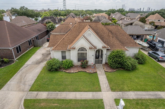 4417 Alamance St, Baytown, TX 77521 - view of front of house with brick siding, concrete driveway, a shingled roof, and a front lawn