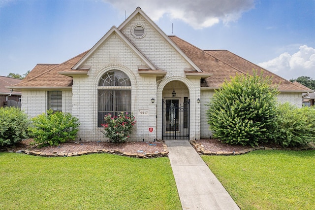 4417 Alamance St, Baytown, TX 77521 - french country inspired facade with brick siding, a front lawn, and roof with shingles