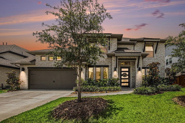 3119 Honeysuckle Way, Katy, TX 77493 - prairie-style home with driveway, a yard, brick siding, a garage, and stone siding