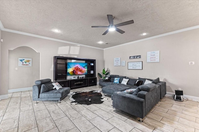 20012 Fm 523, Angleton, TX 77515 - living area featuring ceiling fan, a textured ceiling, recessed lighting, arched walkways, and ornamental molding