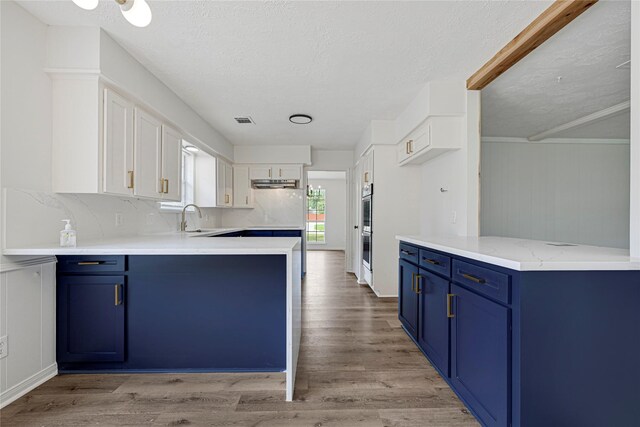 910 Woodchurch Ln, Houston, TX 77073 - kitchen featuring blue cabinets, a peninsula, a textured ceiling, and light wood-style floors