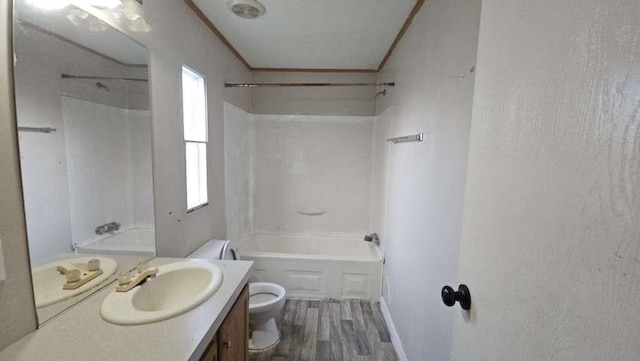 11919 Kingslake Forest Dr, Houston, TX 77044 - full bathroom with plenty of natural light, vanity, wood finished floors, bathing tub / shower combination, and ornamental molding