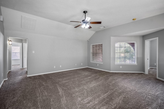7214 Emerald Run Ln, Spring, TX 77379 - unfurnished room featuring dark carpet, ceiling fan, and lofted ceiling