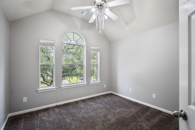 7214 Emerald Run Ln, Spring, TX 77379 - empty room featuring vaulted ceiling, dark colored carpet, and ceiling fan