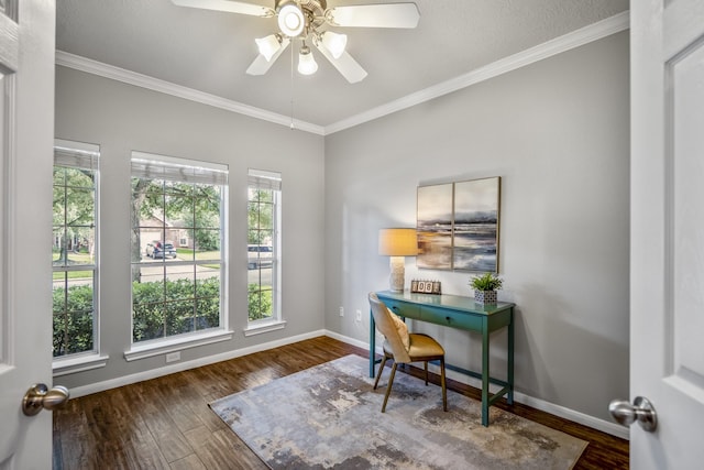 7214 Emerald Run Ln, Spring, TX 77379 - home office with wood finished floors, a ceiling fan, and crown molding