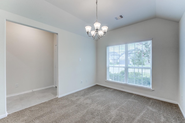 14726 Lark Sky Way, Cypress, TX 77429 - unfurnished room with vaulted ceiling, a chandelier, and light colored carpet