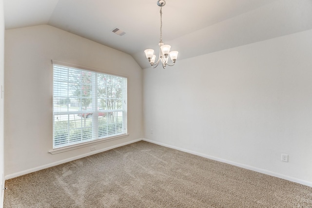 14726 Lark Sky Way, Cypress, TX 77429 - spare room featuring vaulted ceiling, a chandelier, and carpet flooring