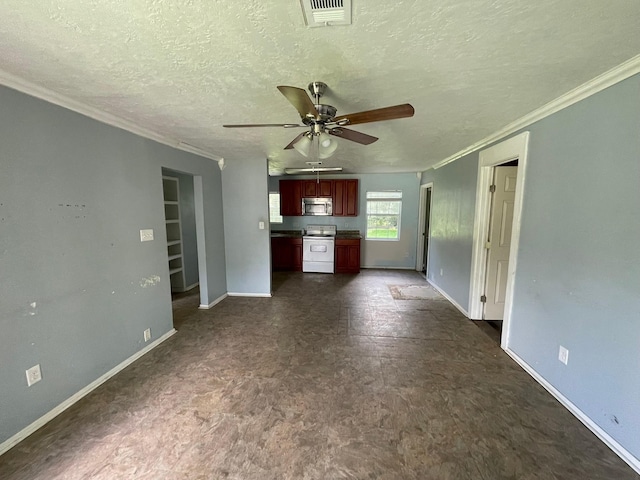 5746 Groveton St, Houston, TX 77033 - unfurnished living room with crown molding, a ceiling fan, and a textured ceiling