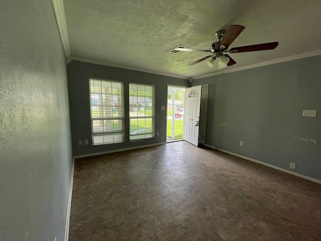 5746 Groveton St, Houston, TX 77033 - empty room with ornamental molding, a ceiling fan, and a textured ceiling