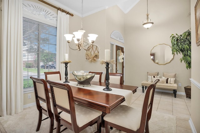 21006 Indigo Field Ln, Richmond, TX 77407 - dining room featuring a chandelier, crown molding, high vaulted ceiling, and light tile patterned floors
